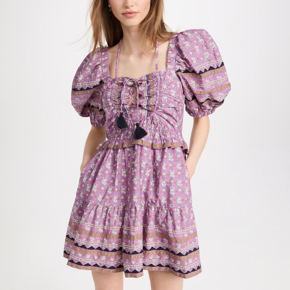 Sea New York Perry Border Puff Sleeve Dress Purple Sz M
